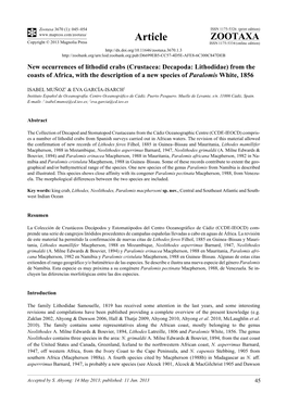 Crustacea: Decapoda: Lithodidae) from the Coasts of Africa, with the Description of a New Species of Paralomis White, 1856