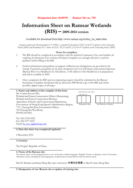 Information Sheet on Ramsar Wetlands (RIS) – 2009-2014 Version