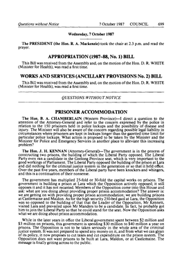 1987-88, No. 1) BILL This Bill Was Received from the Assembly And, on the Motion of the Hon