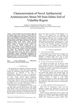Characterization of Novel Antibacterial Actinomycetes Strain N8 from Saline Soil of Vidarbha Region