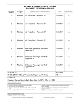 President Richard Nixon's Daily Diary, May 16-31, 1974