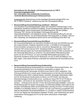 Und Finanzausschuss Zu TOP 9 Feuerwehrangelegenheiten Hier: Information Über Anstehende Investitionen -Konkrete Beschlussfassung Im Amtsausschuss