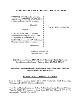 IN the SUPERIOR COURT of the STATE of DELAWARE CANDACE OWENS, in Her Individual Capacity, and CANDACE OWENS, LLC, a Delaware