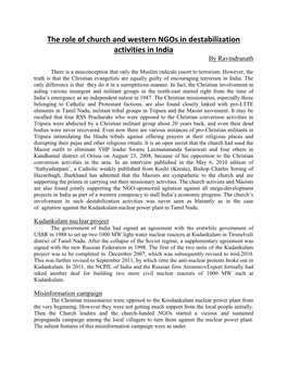 The Role of Church and Western Ngos in Destabilization Activities in India by Ravindranath