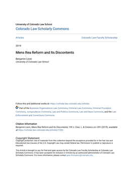 Mens Rea Reform and Its Discontents