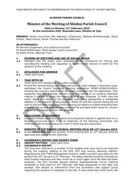 Minutes of the Meeting of Slindon Parish Council Held on Monday 11Th February 2019 at the Coronation Hall, Reynolds Lane, Slindon at 7Pm