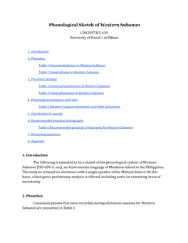 Phonological Sketch of Western Subanon