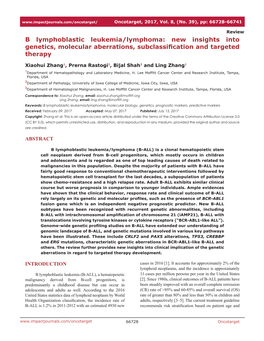 B Lymphoblastic Leukemia/Lymphoma: New Insights Into Genetics, Molecular Aberrations, Subclassification and Targeted Therapy