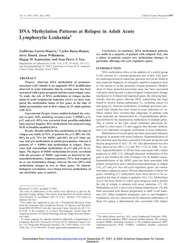 DNA Methylation Patterns at Relapse in Adult Acute Lymphocytic Leukemia1