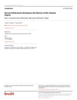 Recent Publications Relating to the History of the Atlantic Region Eric L