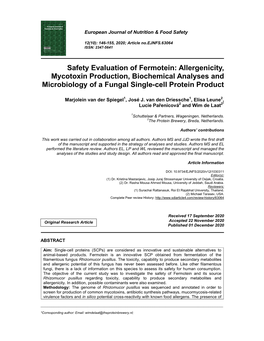 Allergenicity, Mycotoxin Production, Biochemical Analyses and Microbiology of a Fungal Single-Cell Protein Product