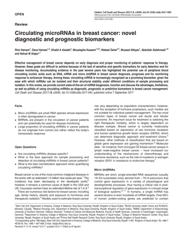 Circulating Micrornas in Breast Cancer: Novel Diagnostic and Prognostic Biomarkers