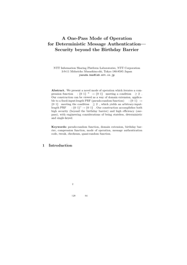 A One-Pass Mode of Operation for Deterministic Message Authentication— Security Beyond the Birthday Barrier