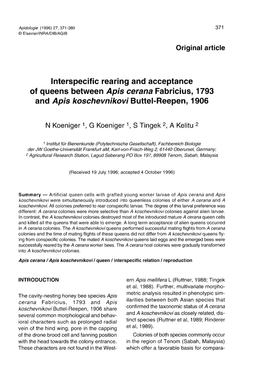 Interspecific Rearing and Acceptance and Apis Koschevnikovi Buttel