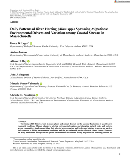 Daily Patterns of River Herring (Alosa Spp.) Spawning Migrations: Environmental Drivers and Variation Among Coastal Streams in Massachusetts