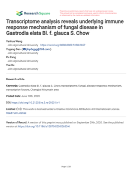 Transcriptome Analysis Reveals Underlying Immune Response Mechanism of Fungal Disease in Gastrodia Elata Bl