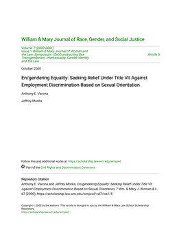 En/Gendering Equality: Seeking Relief Under Title VII Against Employment Discrimination Based on Sexual Orientation