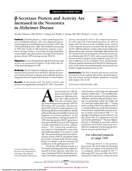 ²-Secretase Protein and Activity Are Increased in the Neocortex In