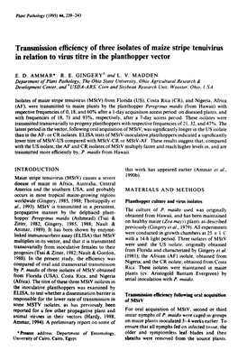 Transmission Efficiency of Three Isolates of Maize Stripe Tenuivirus in Relation to Virus Titre in the Planthopper Vector