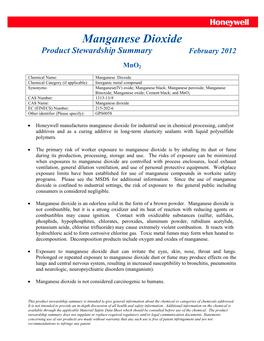 Manganese Dioxide Product Stewardship Summary February 2012