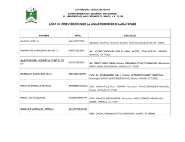 Lista De Proveedores De La Universidad De Chalcatongo