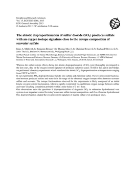 The Abiotic Disproportionation of Sulfur Dioxide (SO2) Produces Sulfate with an Oxygen Isotope Signature Close to the Isotope Composition of Seawater Sulfate