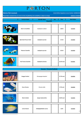 Marine Fish Livestock Animal Welfare Regulations Licence Number: LN/000015406
