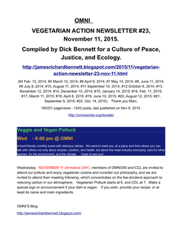 November 11, 2015, Vegetarian Action Newsletter