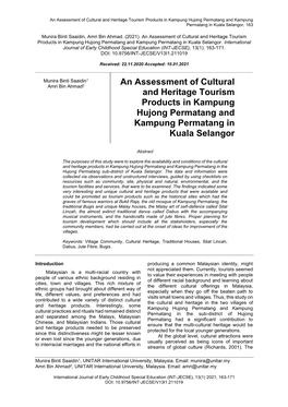 An Assessment of Cultural and Heritage Tourism Products in Kampung Hujong Permatang and Kampung Permatang in Kuala Selangor, 163