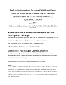 Scarlet Macaws in Belize Omitted from Textual Descriptions of Range Although Shown As “Endangered” in Fig