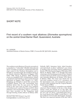 First Record of a Southern Royal Albatross (Diomedea Epomophora) on the Central Great Barrier Reef, Queensland, Australia