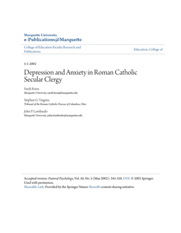 Depression and Anxiety in Roman Catholic Secular Clergy Sarah Knox Marquette University, Sarah.Knox@Marquette.Edu