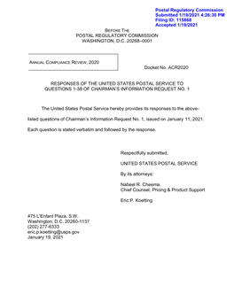 POSTAL REGULATORY COMMISSION WASHINGTON, D.C. 20268–0001 Docket No. ACR2020 RESPONSES of the UNITED STATES POSTAL SERVICE to Q