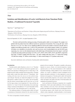 Note Isolation and Identification of Lactic Acid Bacteria from Xiaoshan