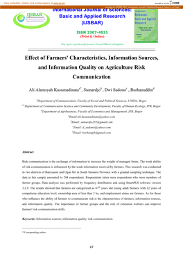 Effect of Farmers' Characteristics, Information Sources, and Information Quality on Agriculture Risk Communication