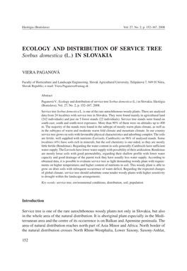 ECOLOGY and DISTRIBUTION of SERVICE TREE Sorbus Domestica (L.) in SLOVAKIA