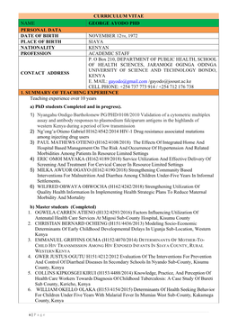 Curriculum Vitae Name George Ayodo Phd Personal Data Date of Birth November 12Th, 1972 Place of Birth Siaya Nationality Kenyan Profession Academic Staff P