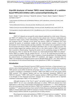 Cryo-EM Structures of Human TRPC5 Reveal Interaction of a Xanthine- Based TRPC1/4/5 Inhibitor with a Conserved Lipid Binding Site