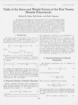 Table of the Zeros and Weight Factors of the First 20 Hermite Polynomials