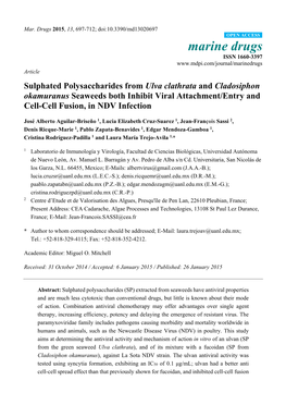 Sulphated Polysaccharides from Ulva Clathrata and Cladosiphon Okamuranus Seaweeds Both Inhibit Viral Attachment/Entry and Cell-Cell Fusion, in NDV Infection