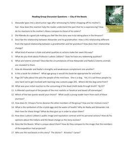 Reading Group Discussion Questions — City of the Beasts 1. Alexander