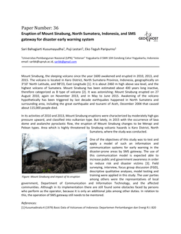 Paper Number: 36 Eruption of Mount Sinabung, North Sumatera, Indonesia, and SMS Gateway for Disaster Early Warning System