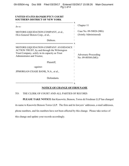 UNITED STATES BANKRUPTCY COURT SOUTHERN DISTRICT of NEW YORK ------X in Re: : Chapter 11 : MOTORS LIQUIDATION COMPANY, Et Al., : Case No