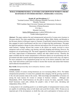 Rural Entrepreneurial Activities and Growth of Women’S Micro Businesses in Mvomero District, Morogoro