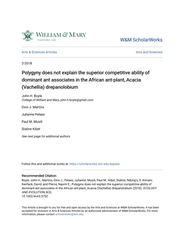 Polygyny Does Not Explain the Superior Competitive Ability of Dominant Ant Associates in the African Ant-Plant, Acacia (Vachellia) Drepanolobium