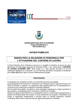 Bando Per La Selezione Di Personale Per L’Attuazione Del Cantiere Di Lavoro