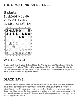 THE NIMZO-INDIAN DEFENCE It Starts: 1. D2-D4 Ng8-F6 2. C2-C4 E7