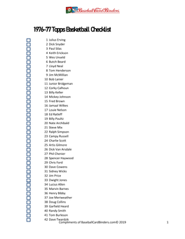 1976-77 Topps Basketball Checklist