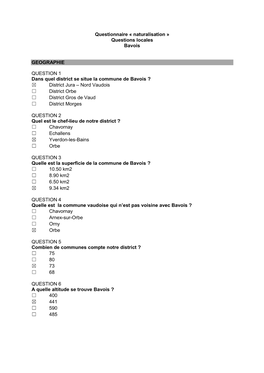 Questionnaire « Naturalisation » Questions Locales Bavois