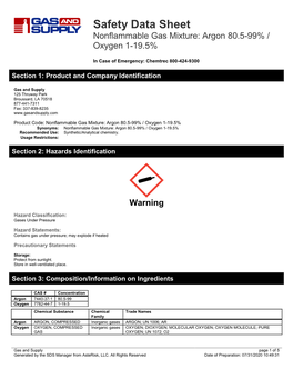 Argon 80.5-99% / Oxygen 1-19.5% Mixture